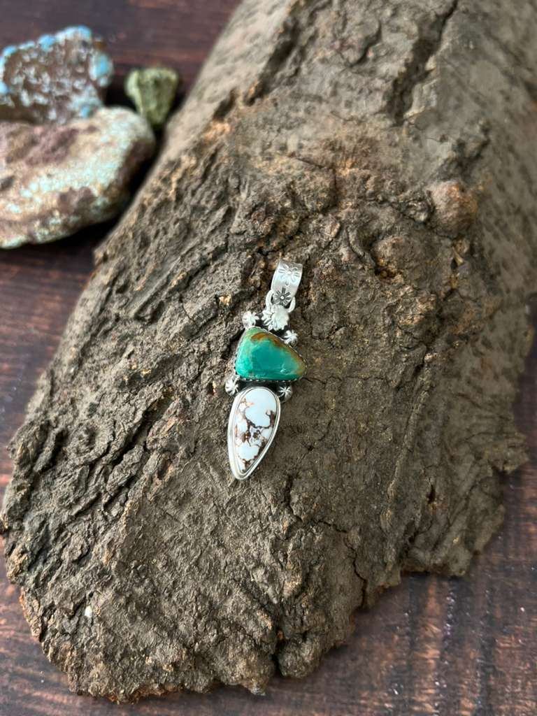 Handmade Sterling Silver Kingman Turquoise with Wildhorse Magnesite Pendant "Signed Nizhoni"
