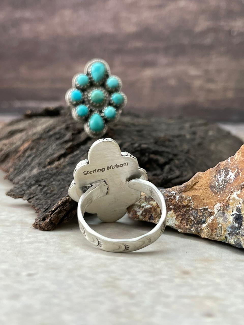 Handmade Sterling Silver Kingman Turquoise Adjustable Ring "Signed Nizhoni"