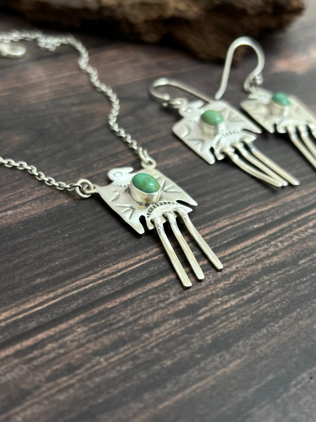 Handmade Sterling Silver Kingman Turquoise Necklace Earrings Set with Signed Nizhoni
