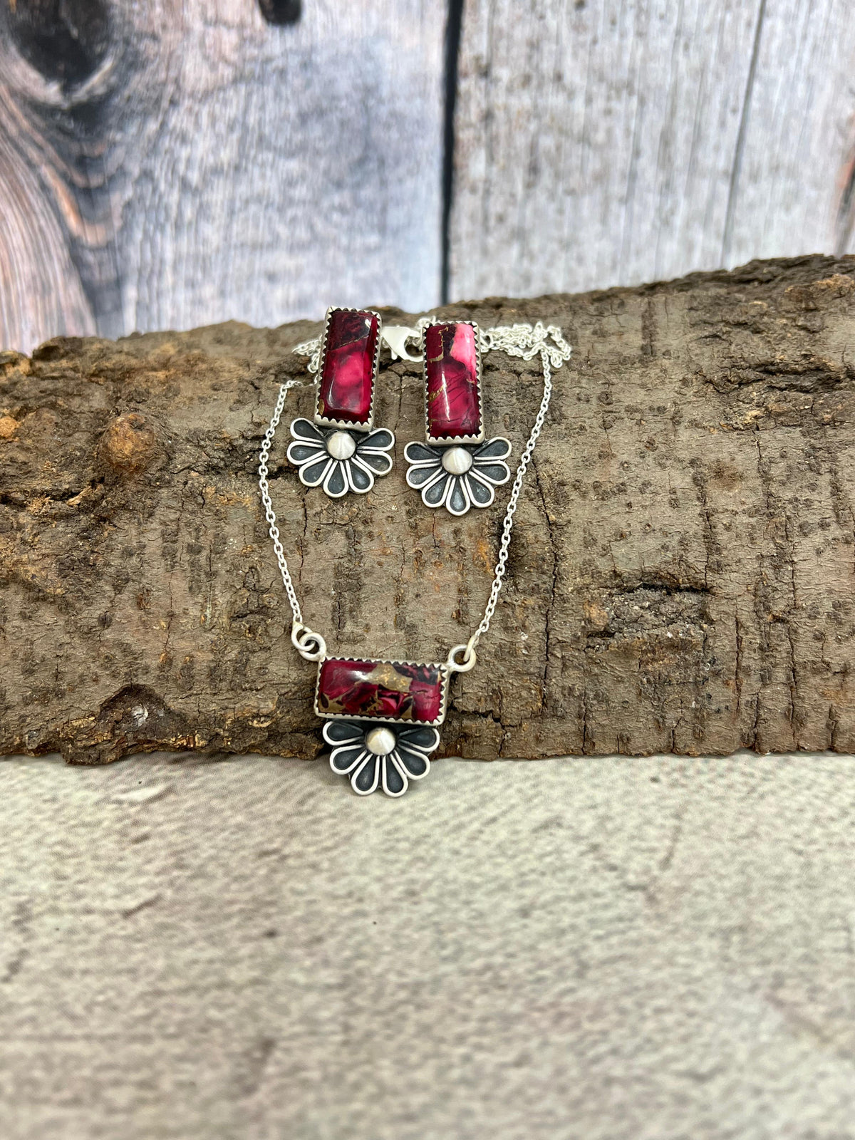 Handmade Sterling Silver Dahlia Rose Necklace Earrings Set, Signed Nizhoni (9)