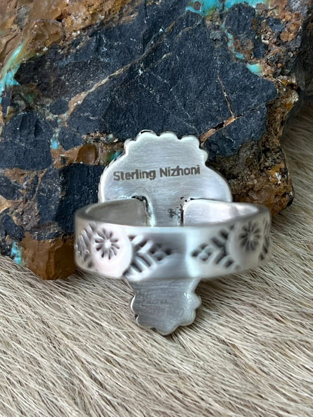 Handmade Sterling Silver Number 8 Turquoise Adjustable Ring "Signed Nizhoni"
