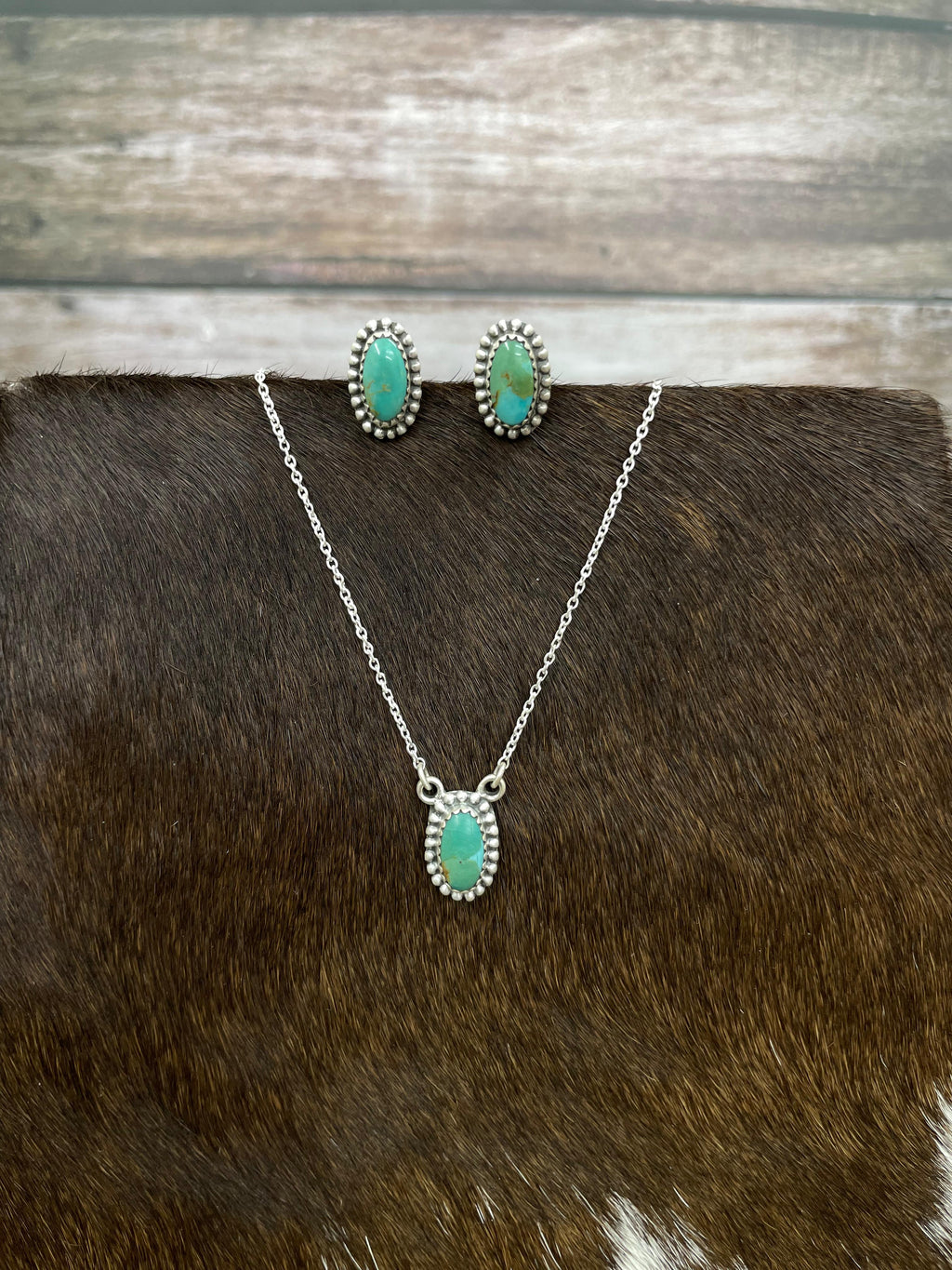 Handmade Sterling Silver Kingman Turquoise Necklace Earrings Set with Signed Nizhoni