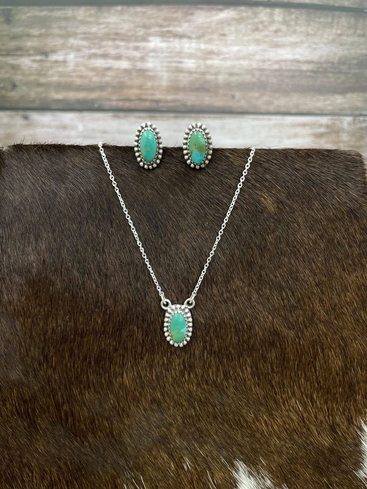 Handmade Sterling Silver Kingman Turquoise Necklace Earrings Set with Signed Nizhoni