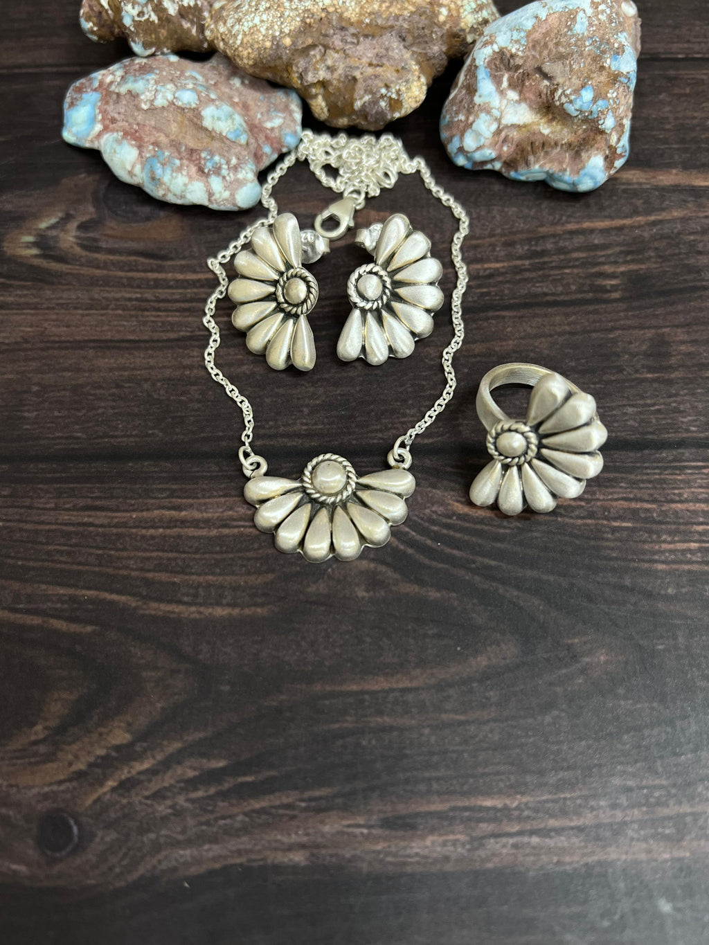 Handmade 'Sterling Silver' Necklace Earrings and Ring Set with Signed Nizhoni