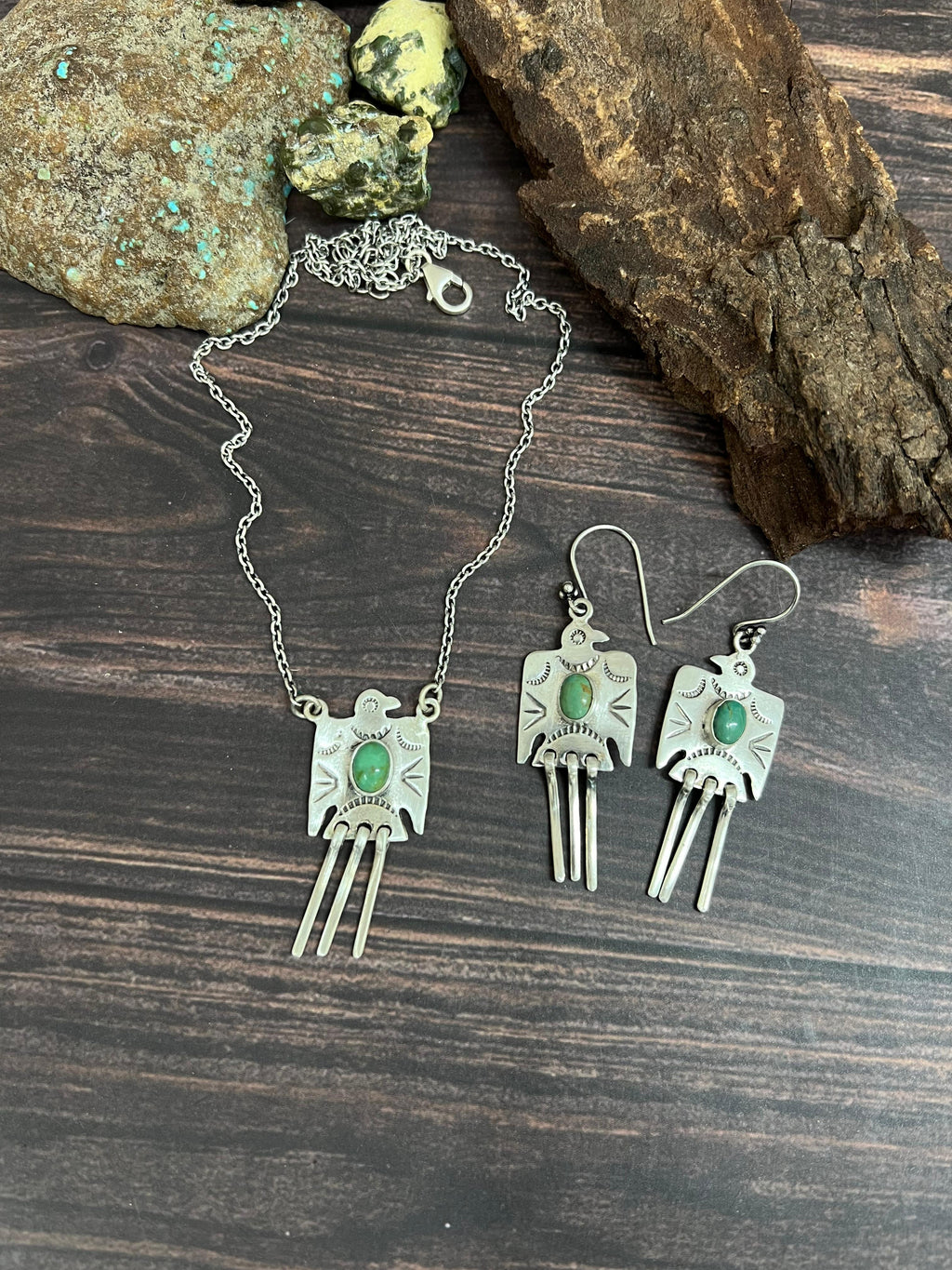 Handmade Sterling Silver Kingman Turquoise Necklace Earrings Set with Signed Nizhoni