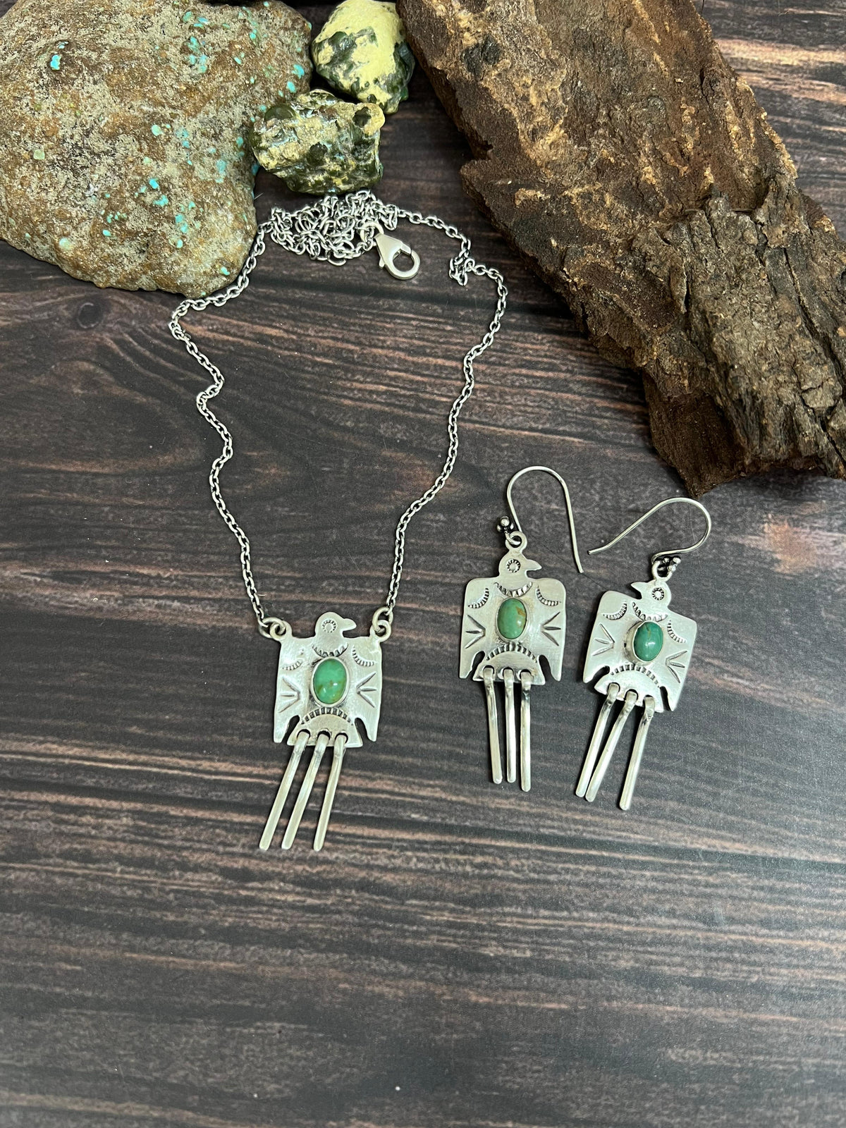 Handmade Sterling Silver Kingman Turquoise Necklace Earrings Set with Signed Nizhoni