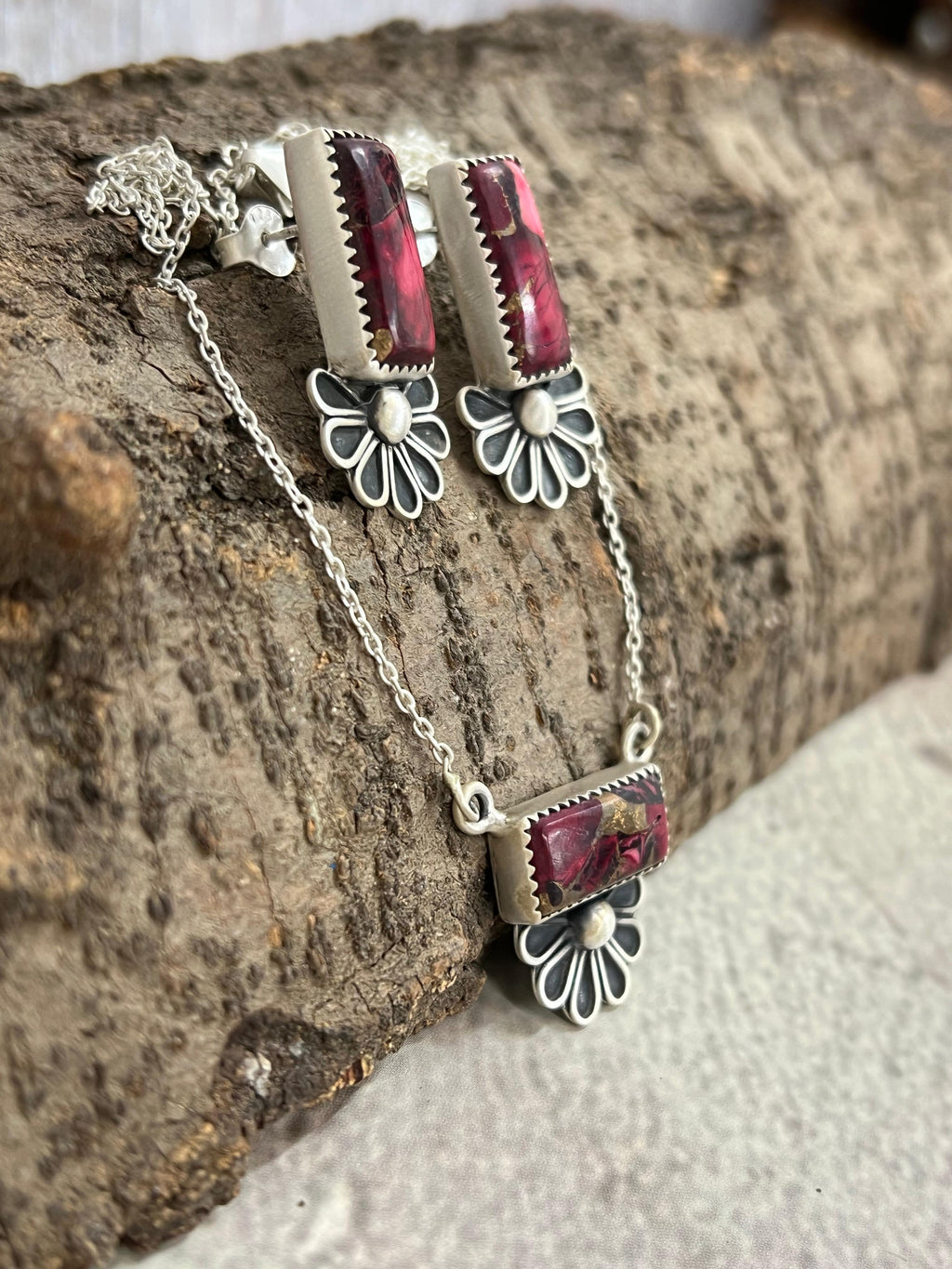 Handmade Sterling Silver Dahlia Rose Necklace Earrings Set, Signed Nizhoni (9)