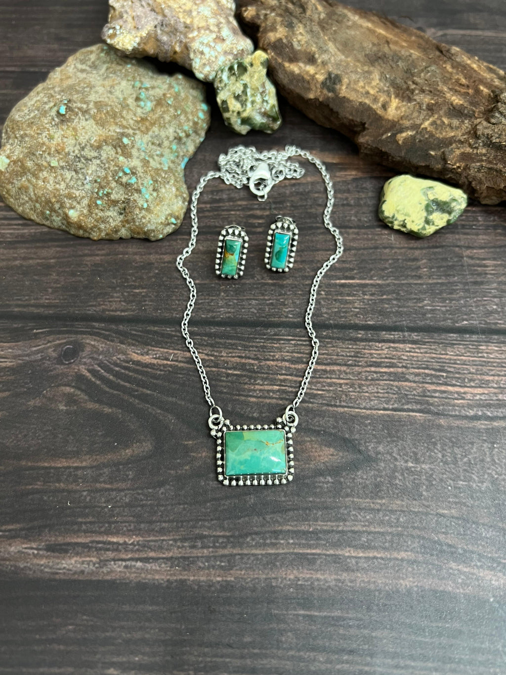 Handmade Sterling Silver Kingman Turquoise Necklace Earrings Set with Signed Nizhoni