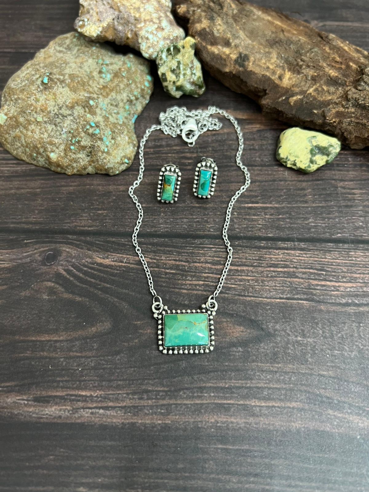 Handmade Sterling Silver Kingman Turquoise Necklace Earrings Set with Signed Nizhoni