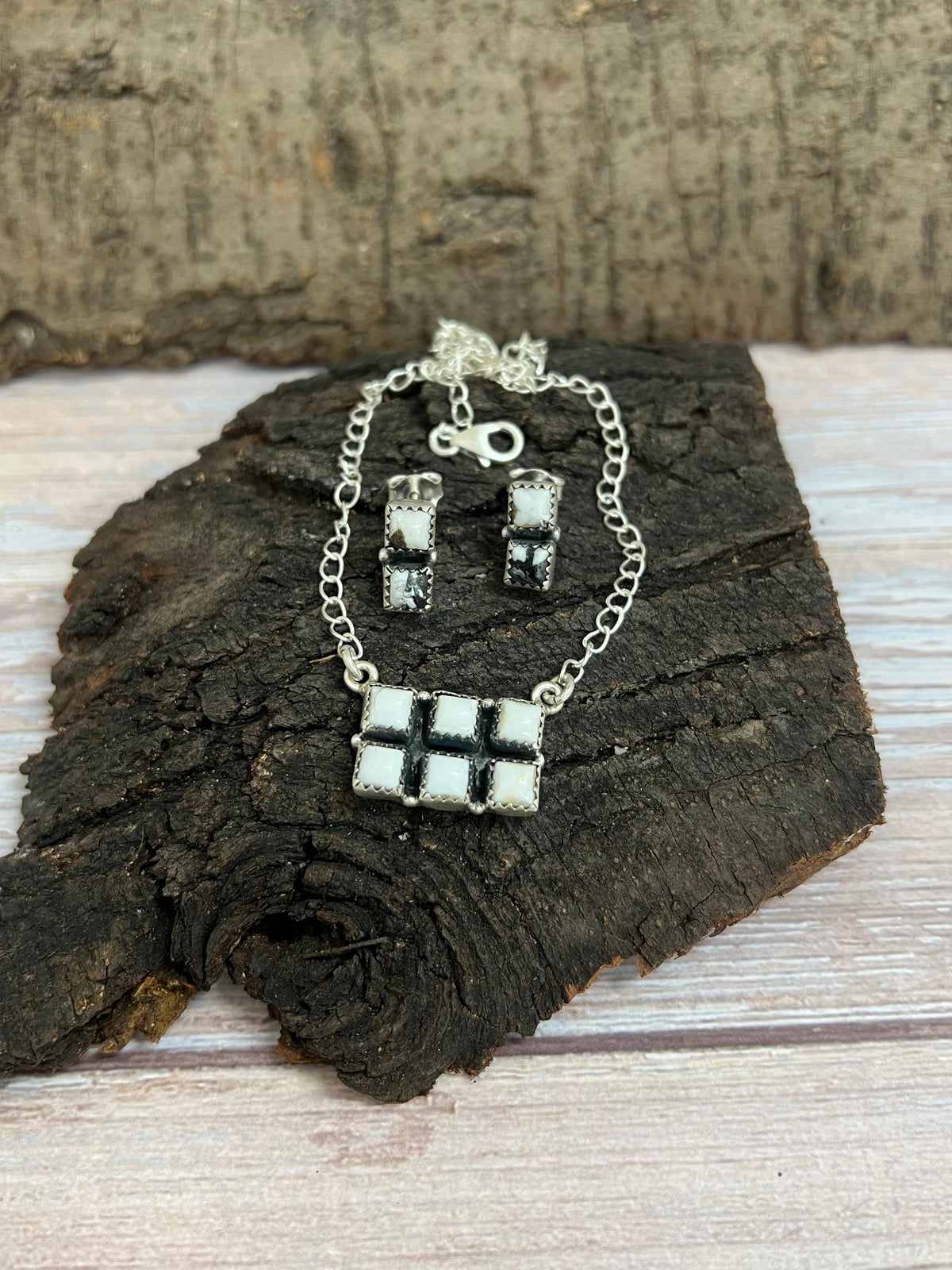 Handmade Sterling Silver White Buffalo Necklace & Earrings Set Signed Nizhoni