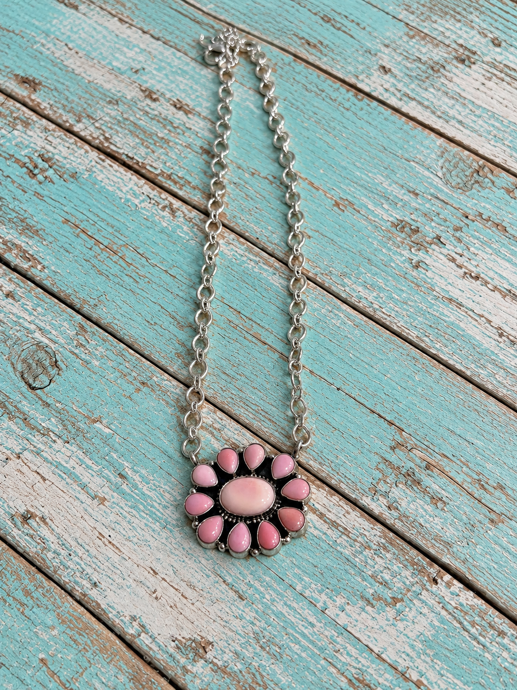 Handcrafted Queen Pink Conch Shell And Sterling Silver Necklace Signed Sheila- Darker Stone