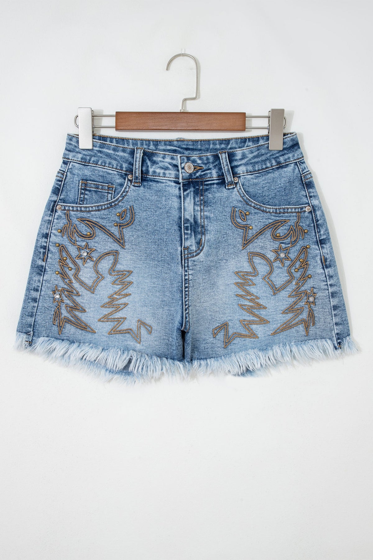 Dusk Blue Western Embroidery Stud Denim Shorts Summer Daily Wear