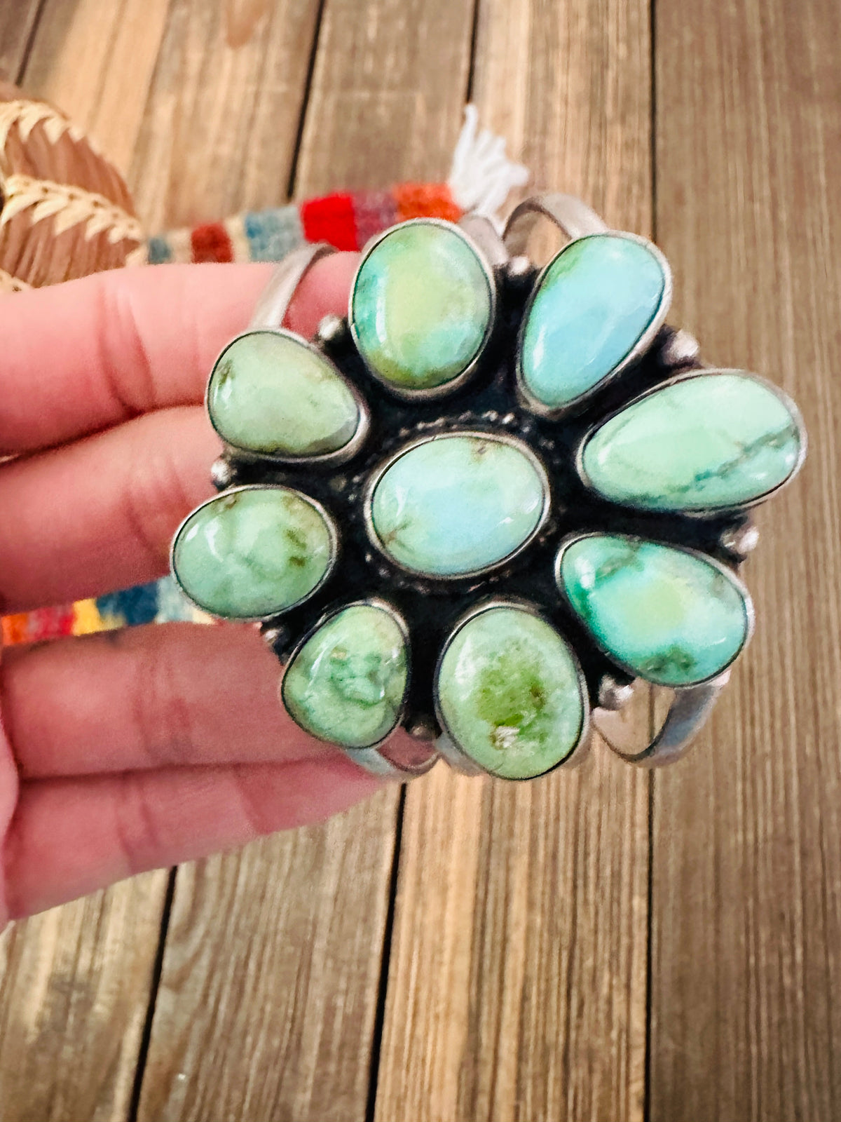 Handcrafted Sonoran Mountain Turquoise & Sterling Silver Cluster Cuff Bracelet by Sheila Becenti