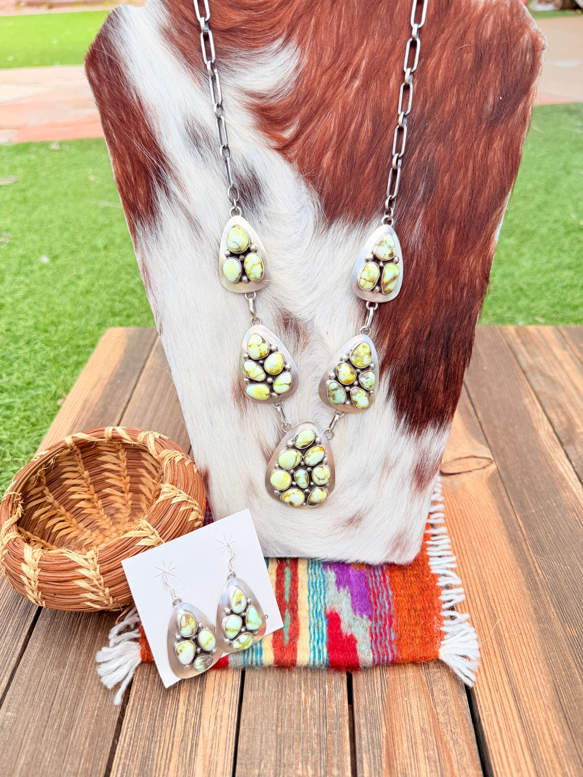 Handcrafted Palomino Turquoise & Sterling Silver Necklace and Earring Set by Charles Johnson
