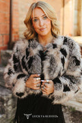 Taupe Grey Marbled Faux Fur Fringe Statement Jacket