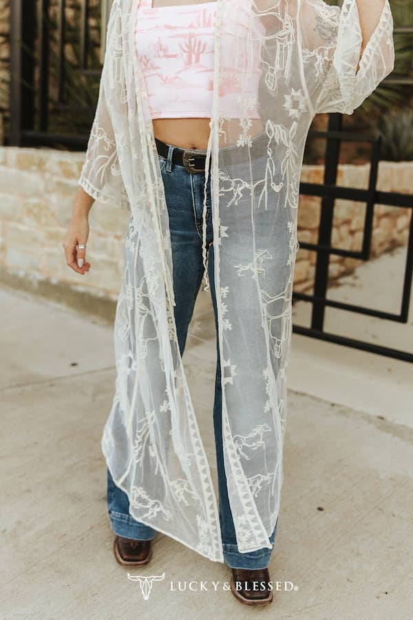 Ivory Western Embroidered Mesh Lace Duster
