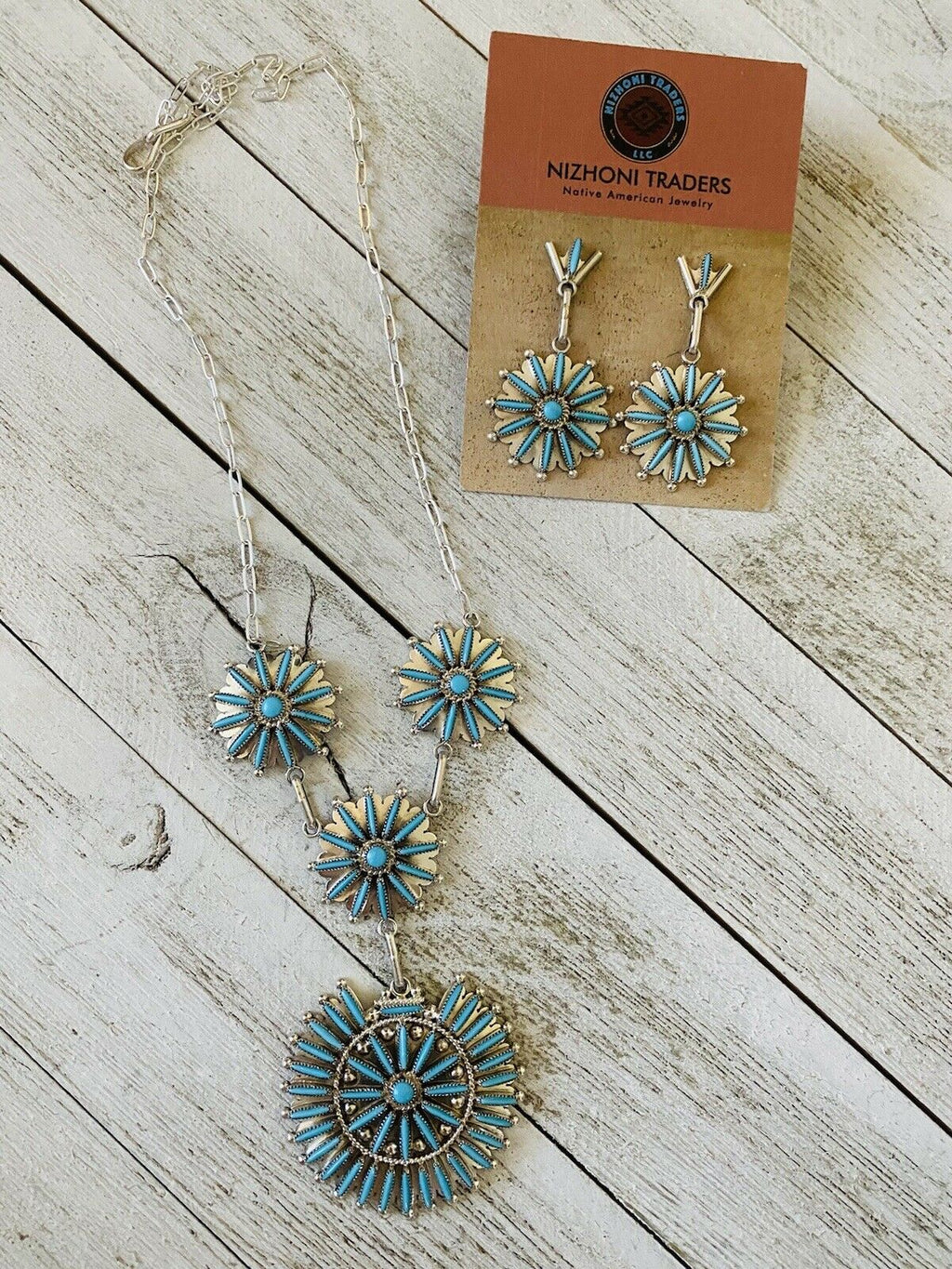 Handcrafted Sterling Silver & Turquoise Needlepoint  Necklace & Earring Set Signed