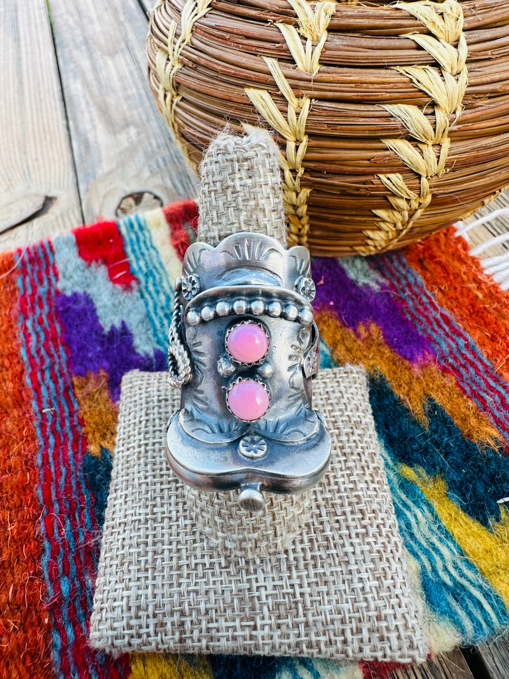 Handcrafted Queen Pink Conch & Sterling Silver Saddle Ring Size 8 by Tim Yazzie