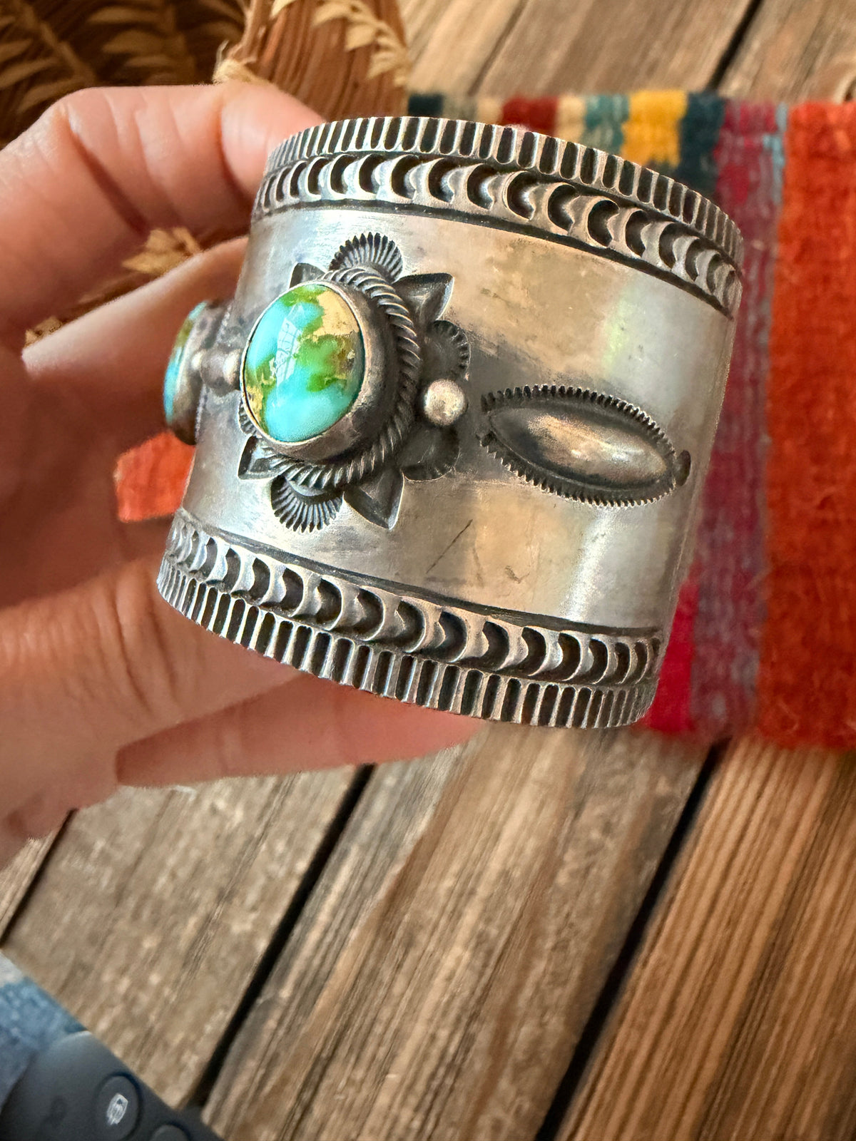 Handcrafted Sonoran Mountain Turquoise & Sterling Silver Cuff Bracelet By Aaron Toadlena