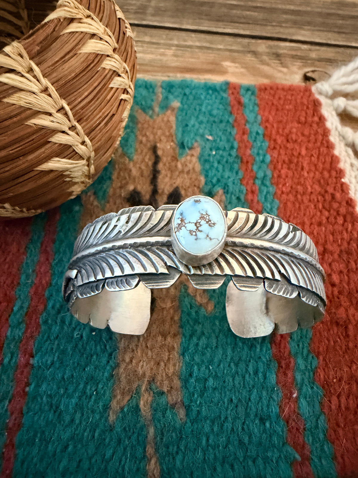 Handcrafted Golden Hill Turquoise & Sterling Silver Feather Cuff Bracelet