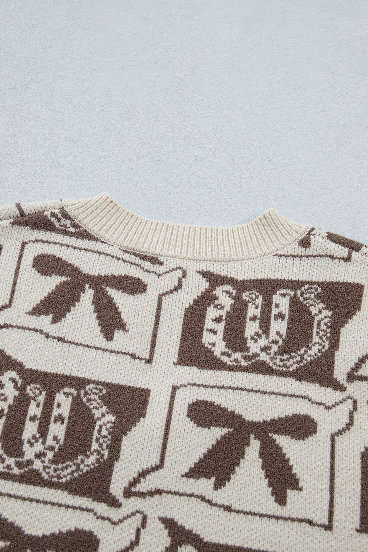Brown Western Horseshoe Bow Printed V Neck Loose Sweater Vest
