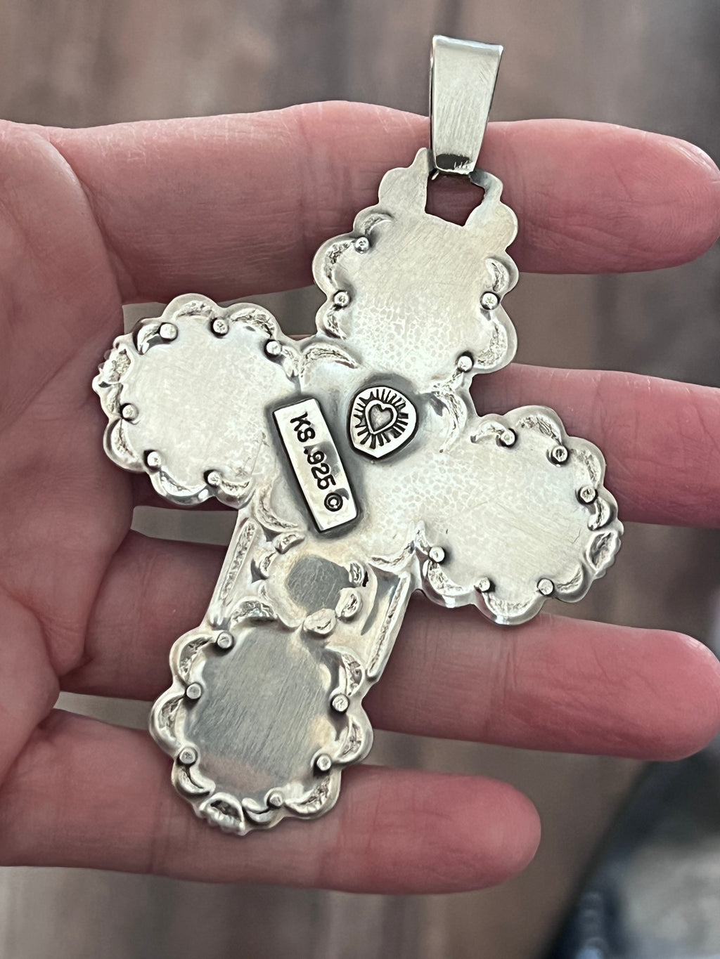Hand Stamped Sterling Silver, Kingman Turquoise & Purple Spiny Oyster Cross Pendant by Kimari Somers