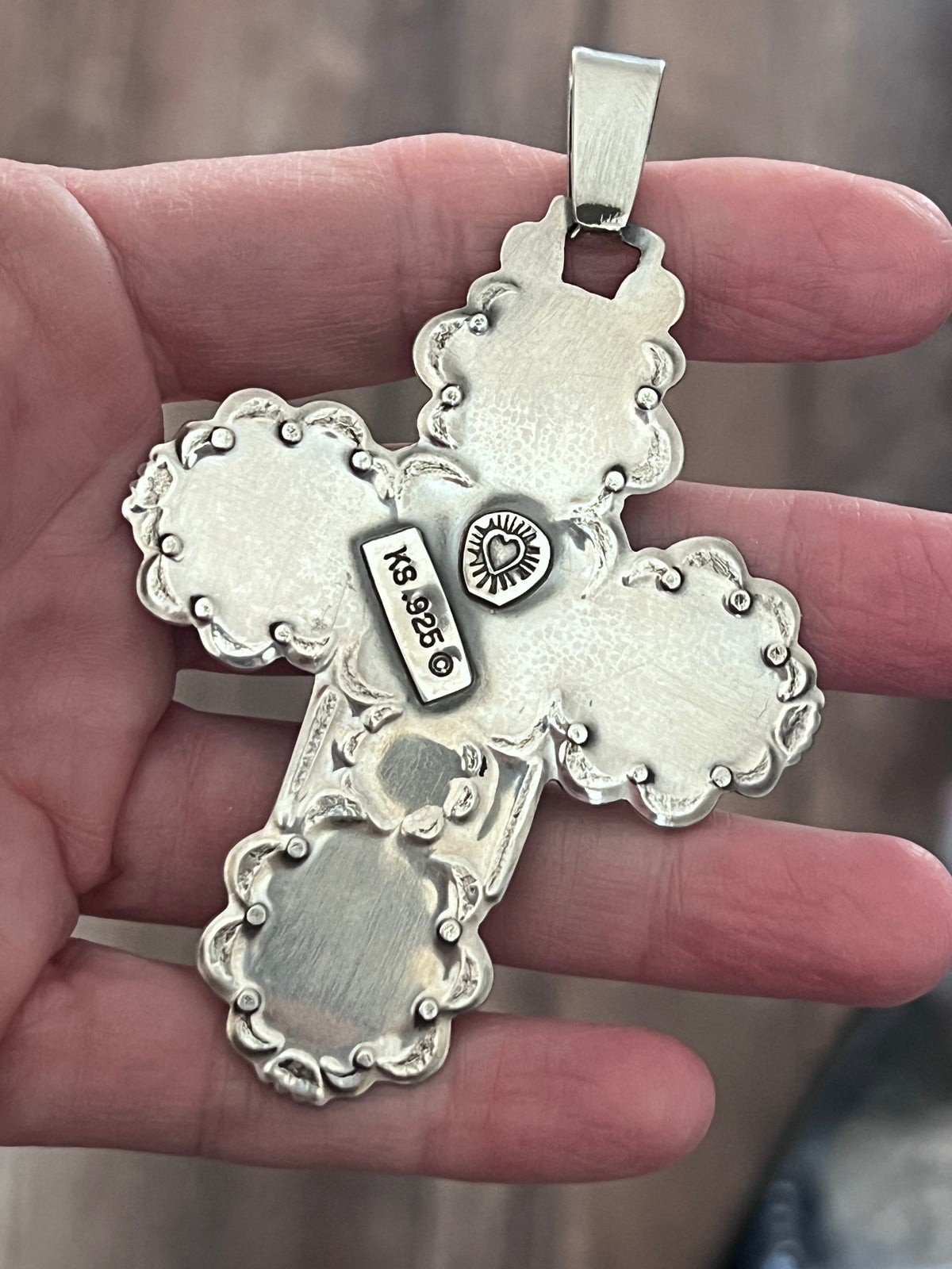 Hand Stamped Sterling Silver, Kingman Turquoise & Purple Spiny Oyster Cross Pendant by Kimari Somers