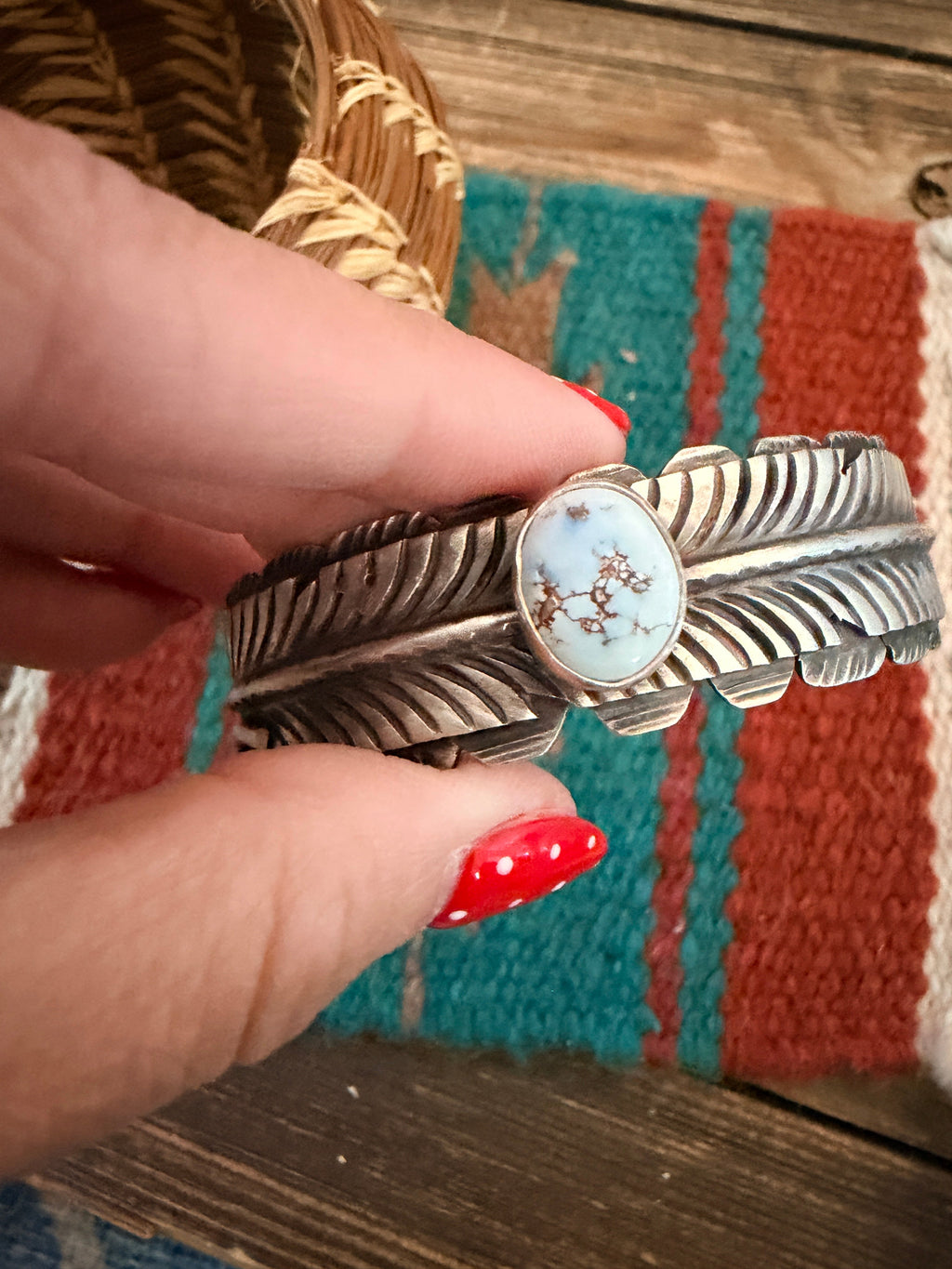Handcrafted Golden Hill Turquoise & Sterling Silver Feather Cuff Bracelet