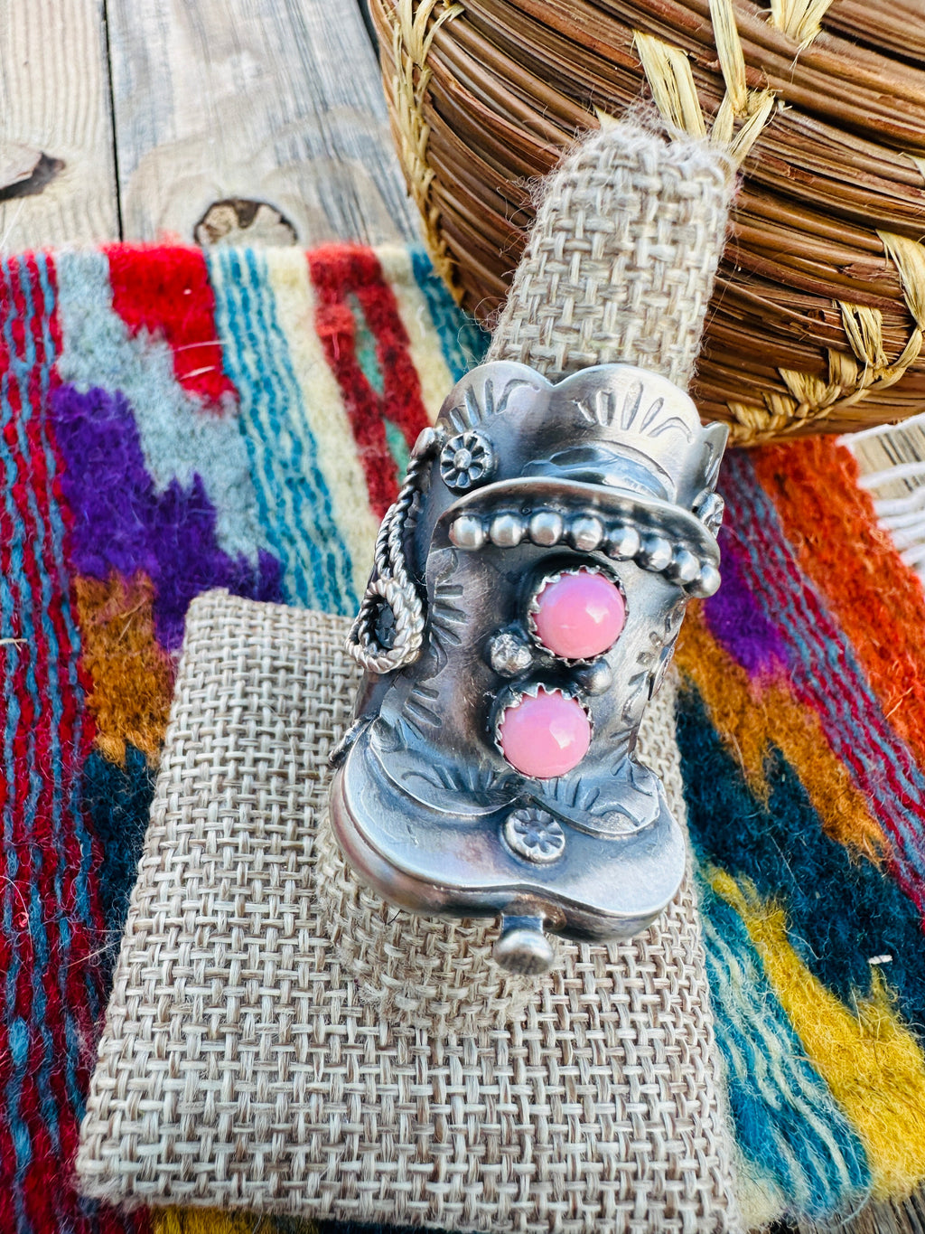 Handcrafted Queen Pink Conch & Sterling Silver Saddle Ring Size 8 by Tim Yazzie