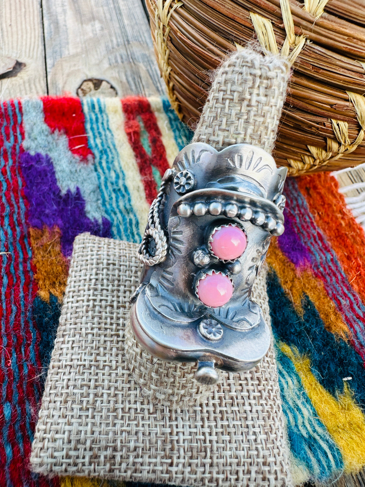 Handcrafted Queen Pink Conch & Sterling Silver Saddle Ring Size 8 by Tim Yazzie