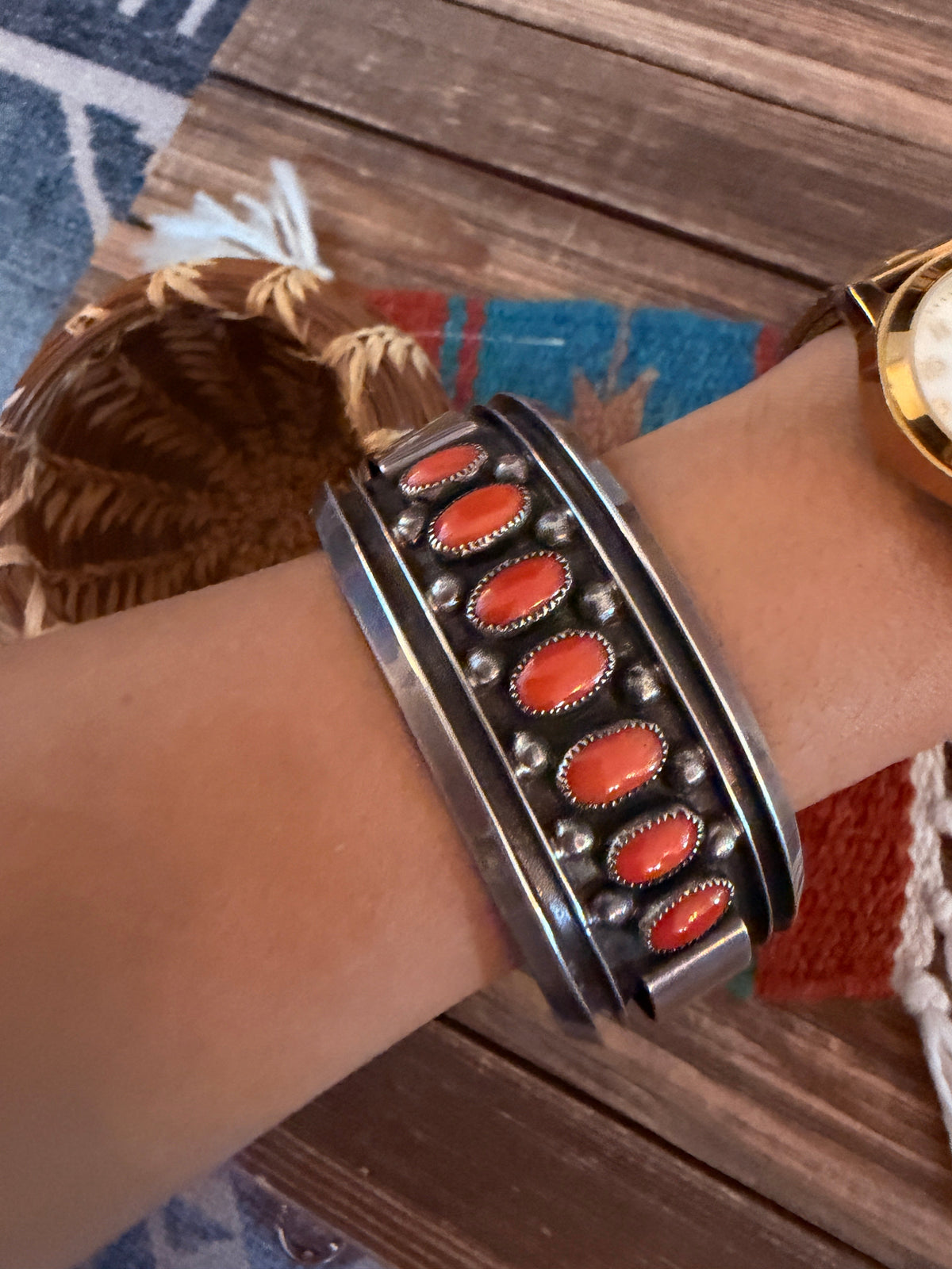 Handcrafted Old Pawn Sterling Silver & Coral Cuff Bracelet