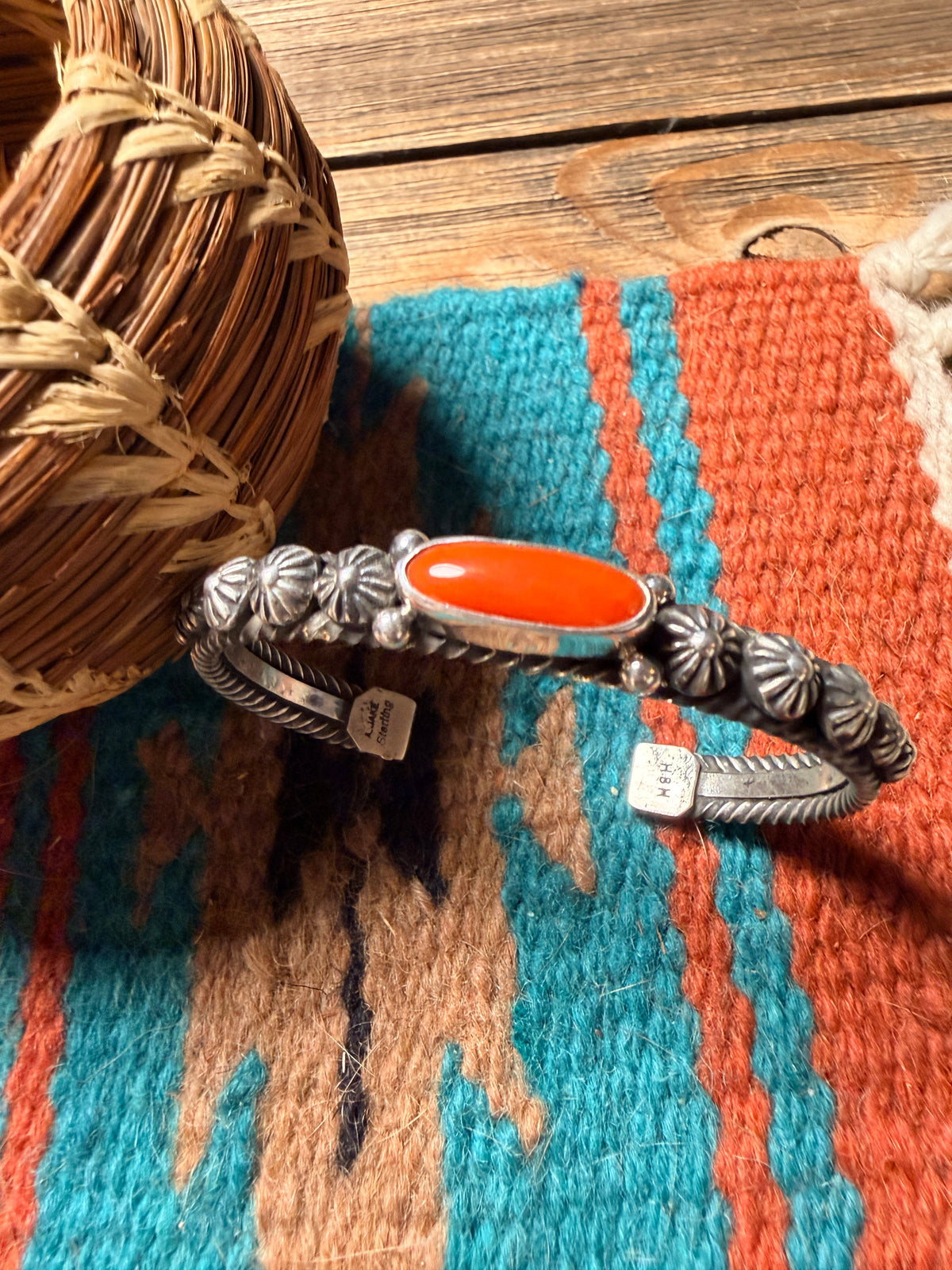 Handcrafted Sterling Silver and Coral Cuff Bracelet by Albert Jake