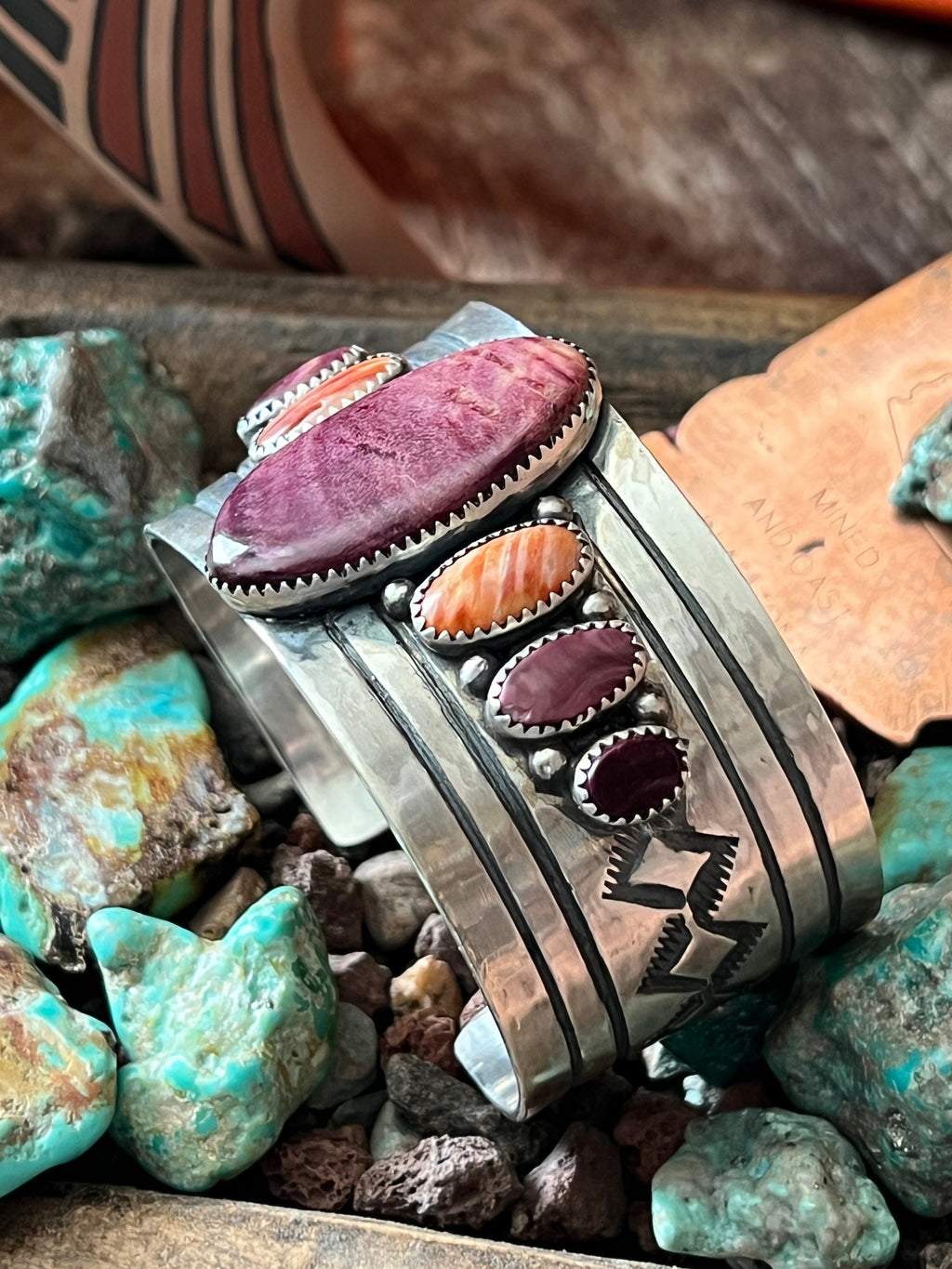 Old Pawn Handcrafted Sterling Silver and Spiny Oyster Cuff Bracelet, Signed AD