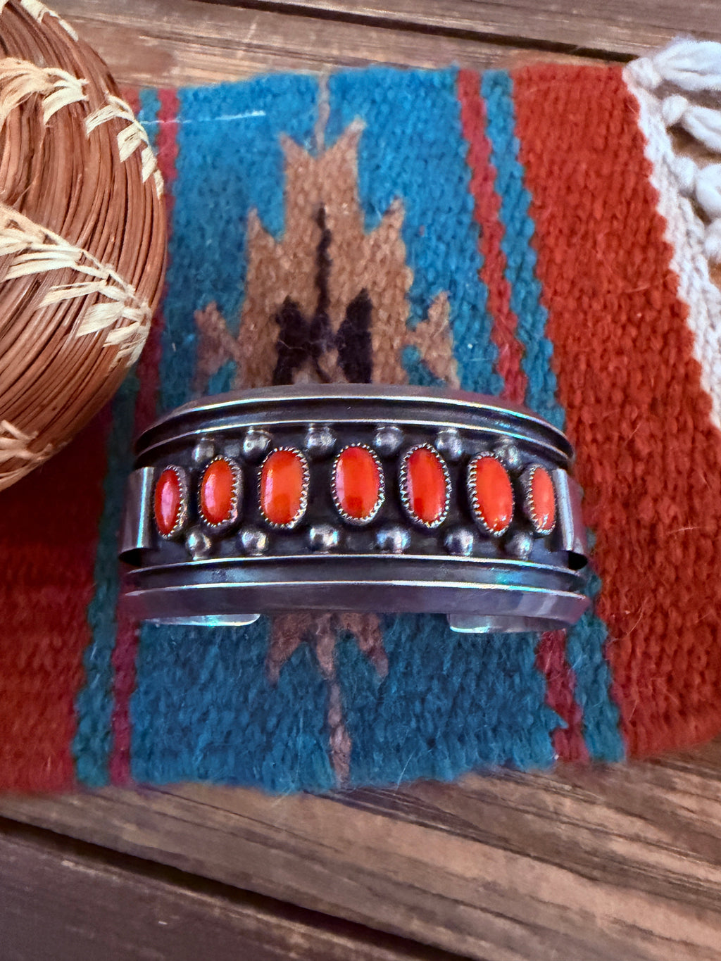 Handcrafted Old Pawn Sterling Silver & Coral Cuff Bracelet