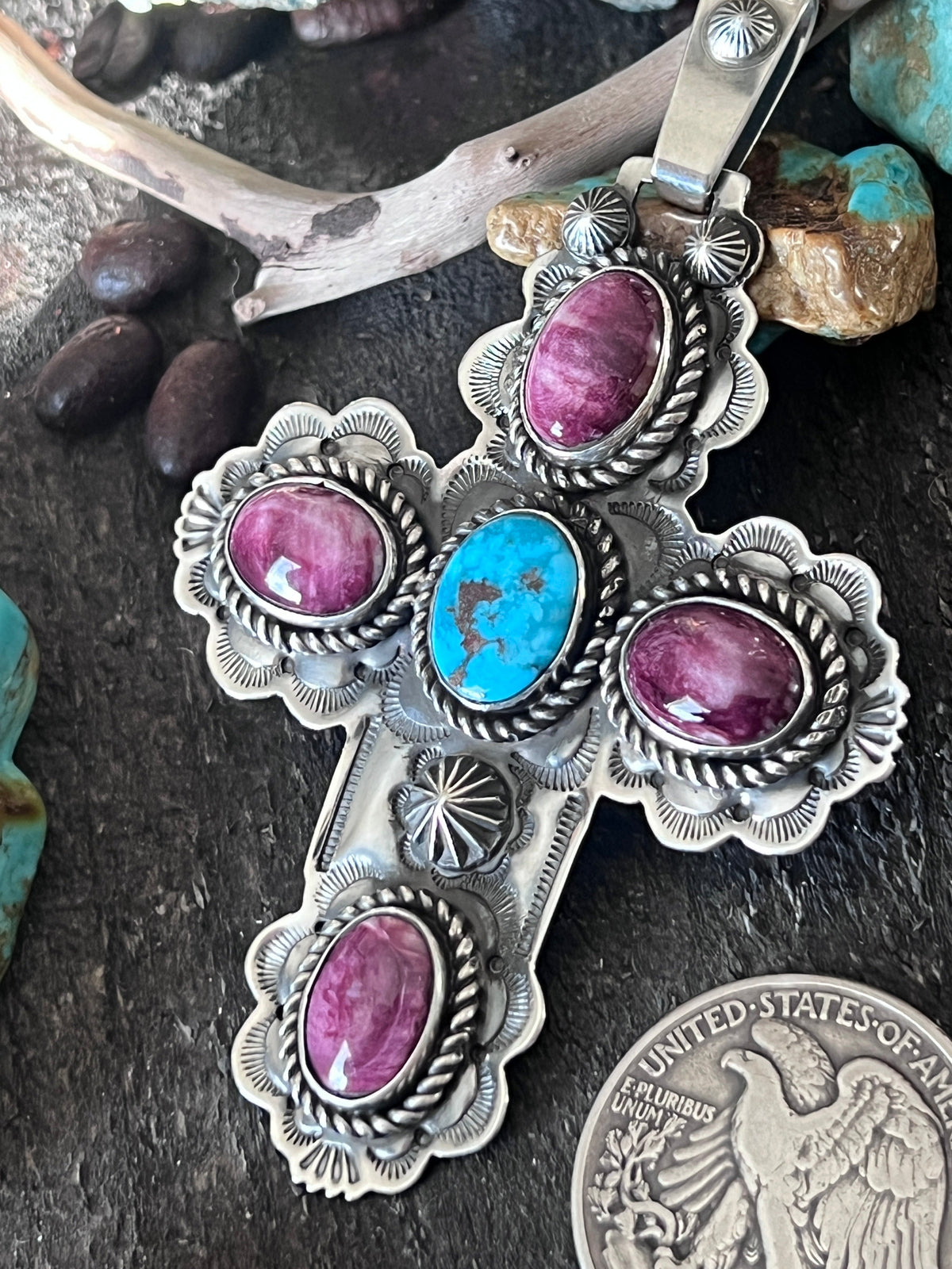 Hand Stamped Sterling Silver, Kingman Turquoise & Purple Spiny Oyster Cross Pendant by Kimari Somers
