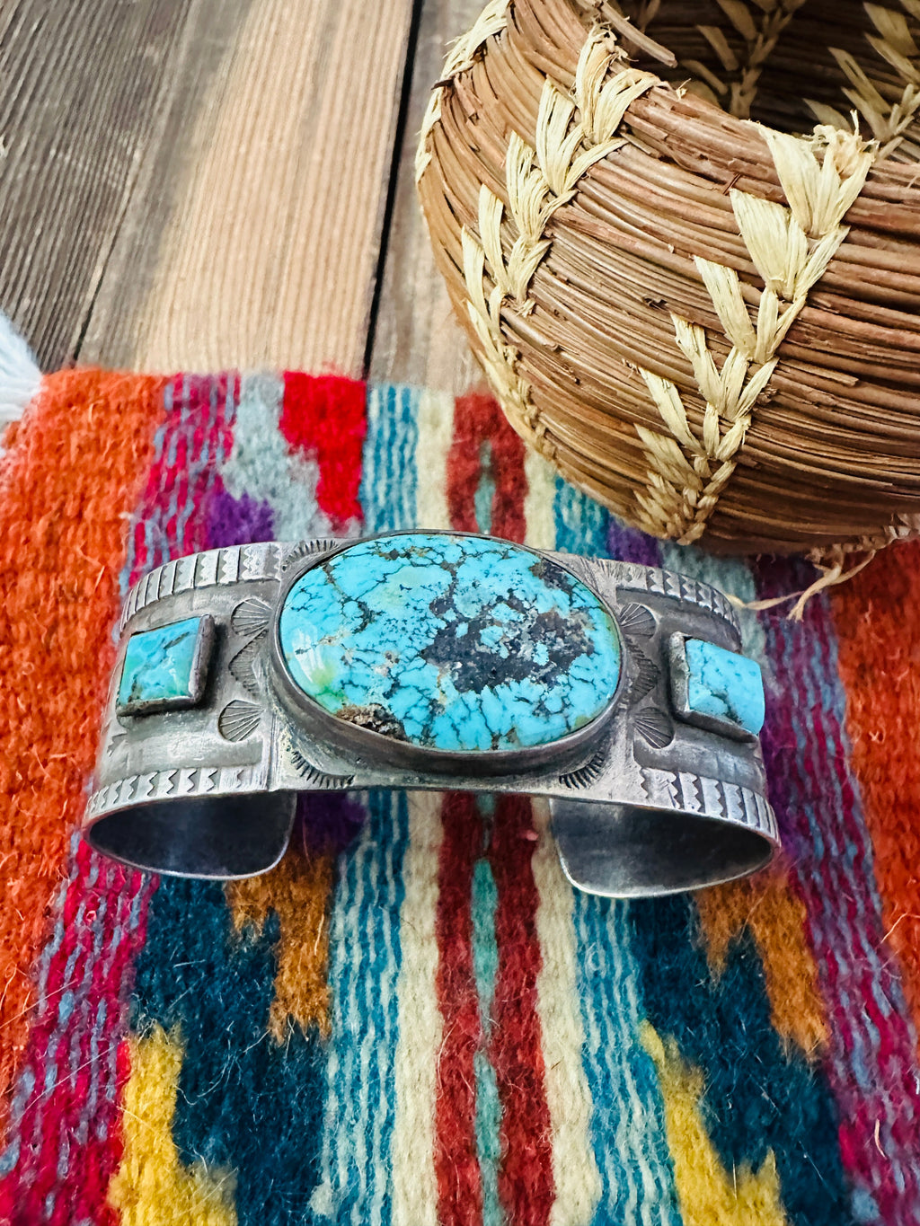 Handcrafted Old Pawn Sterling Silver & Turquoise Cuff Bracelet