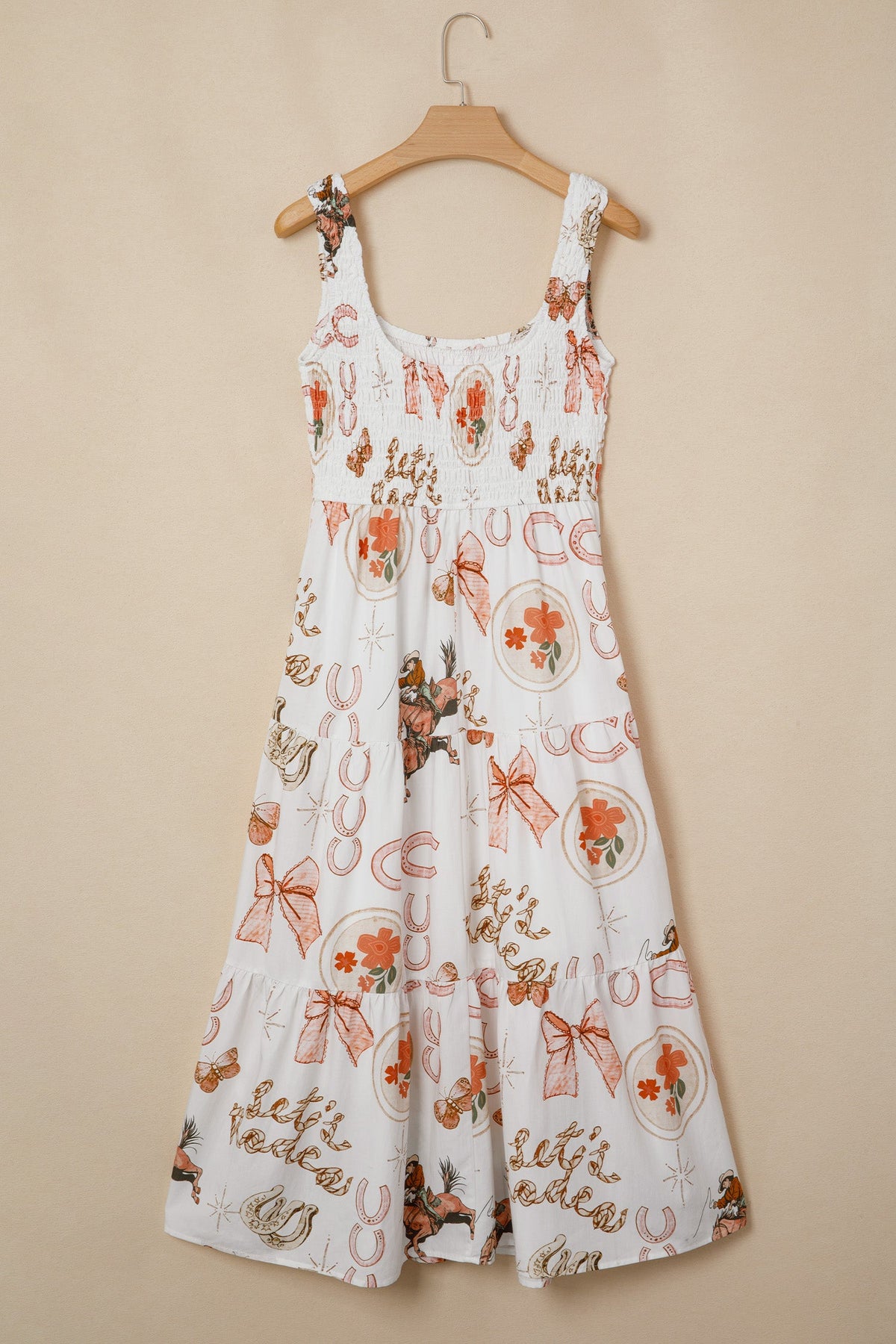 White Western Horseshoe Print U-Neck Sleeveless Midi Dress