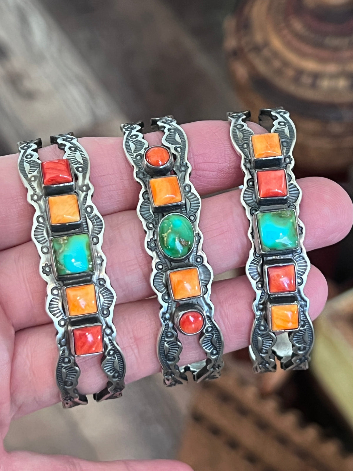 Handcrafted Electric Rainbow Sterling Silver, Sonoran Mountain Turquoise and Spiny Oyster Stacker Cuff Bracelets by Raymond Coriz