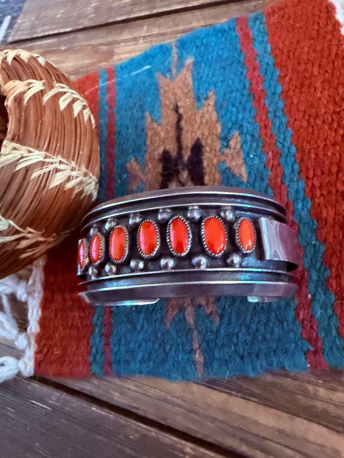 Handcrafted Old Pawn Sterling Silver & Coral Cuff Bracelet