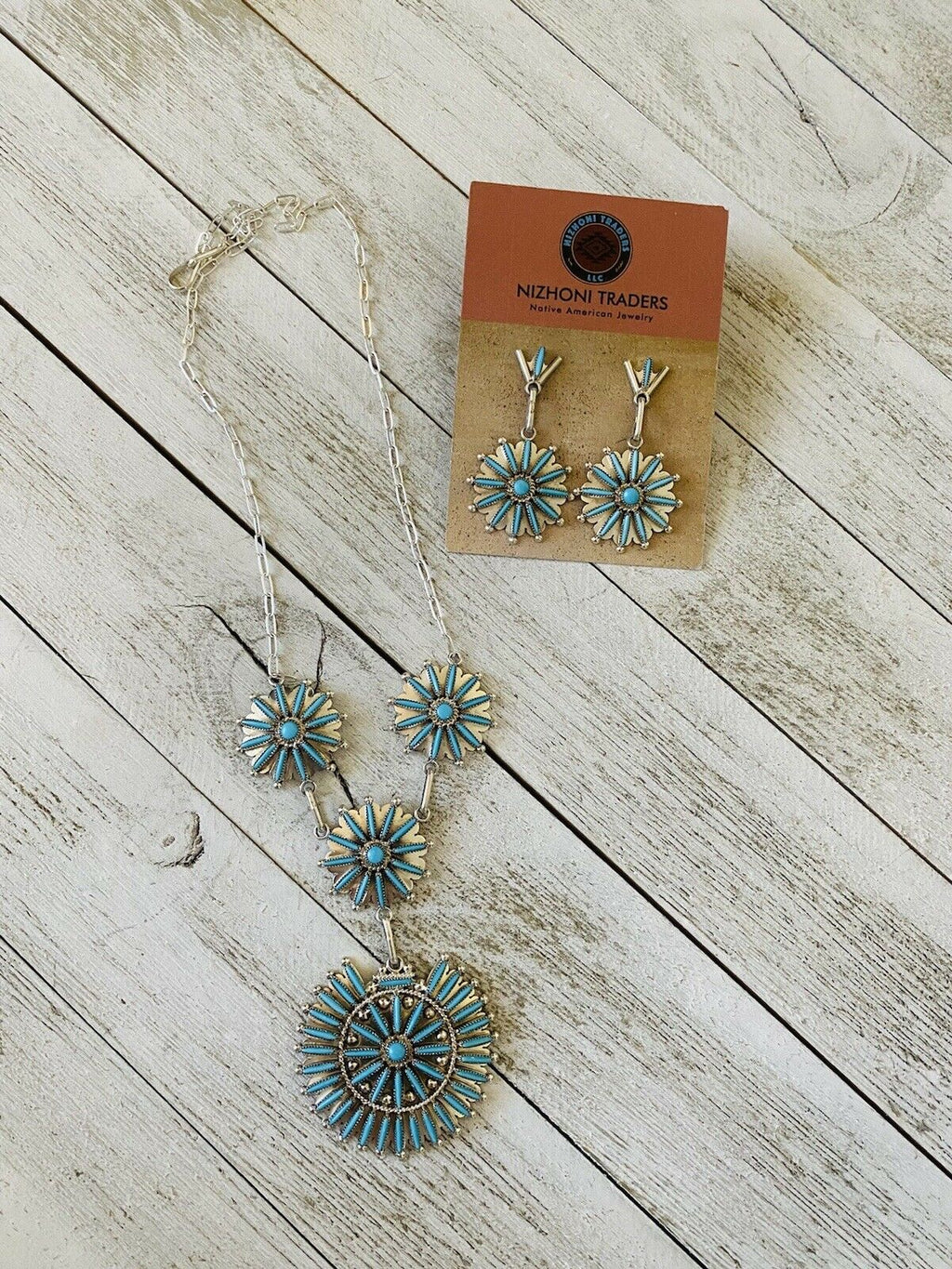 Handcrafted Sterling Silver & Turquoise Needlepoint  Necklace & Earring Set Signed