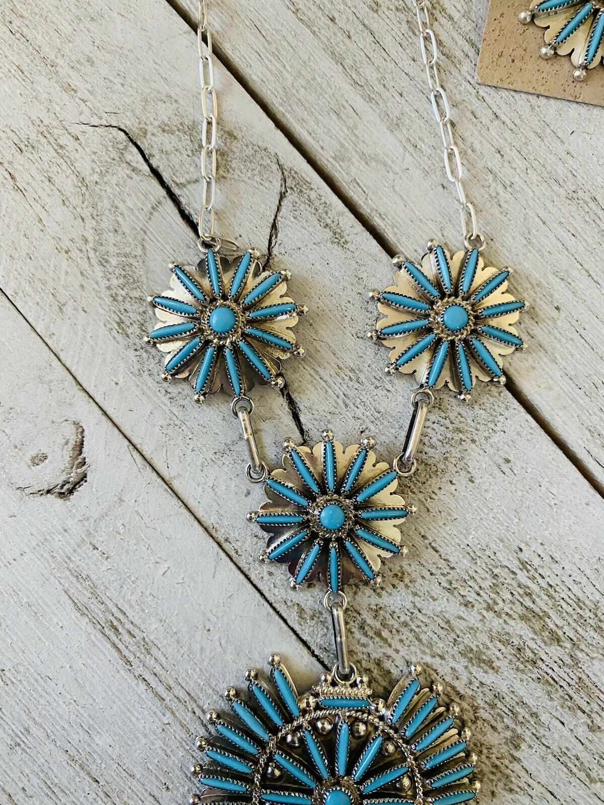 Handcrafted Sterling Silver & Turquoise Needlepoint  Necklace & Earring Set Signed
