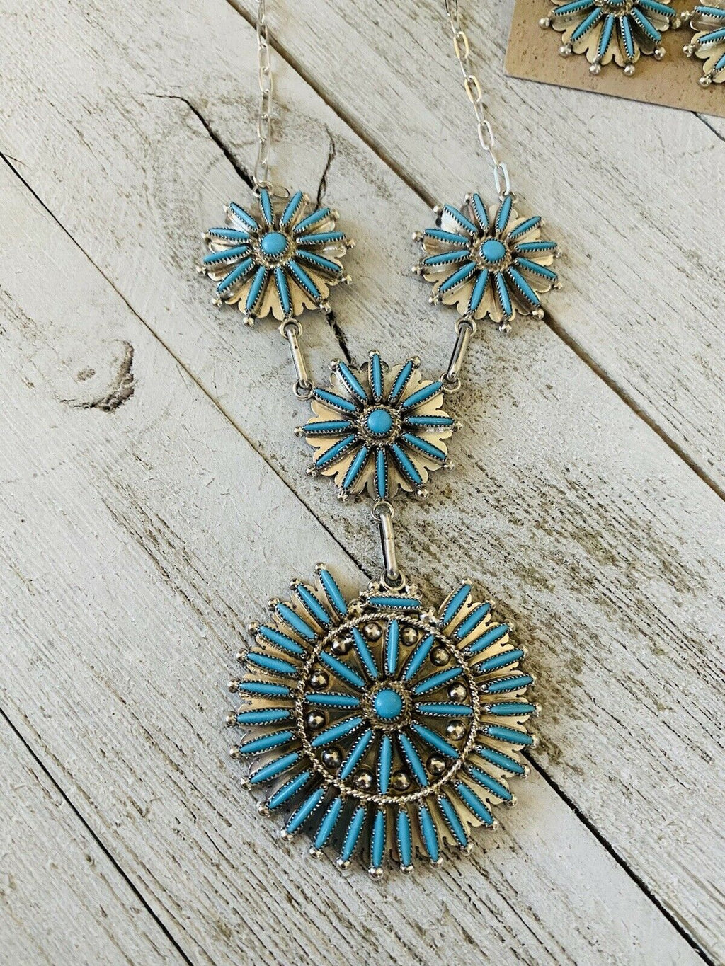 Handcrafted Sterling Silver & Turquoise Needlepoint  Necklace & Earring Set Signed