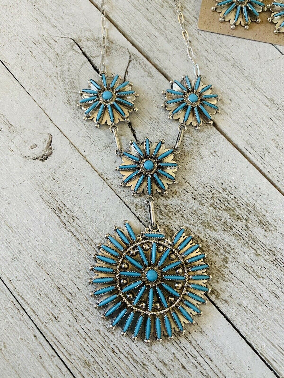 Handcrafted Sterling Silver & Turquoise Needlepoint  Necklace & Earring Set Signed