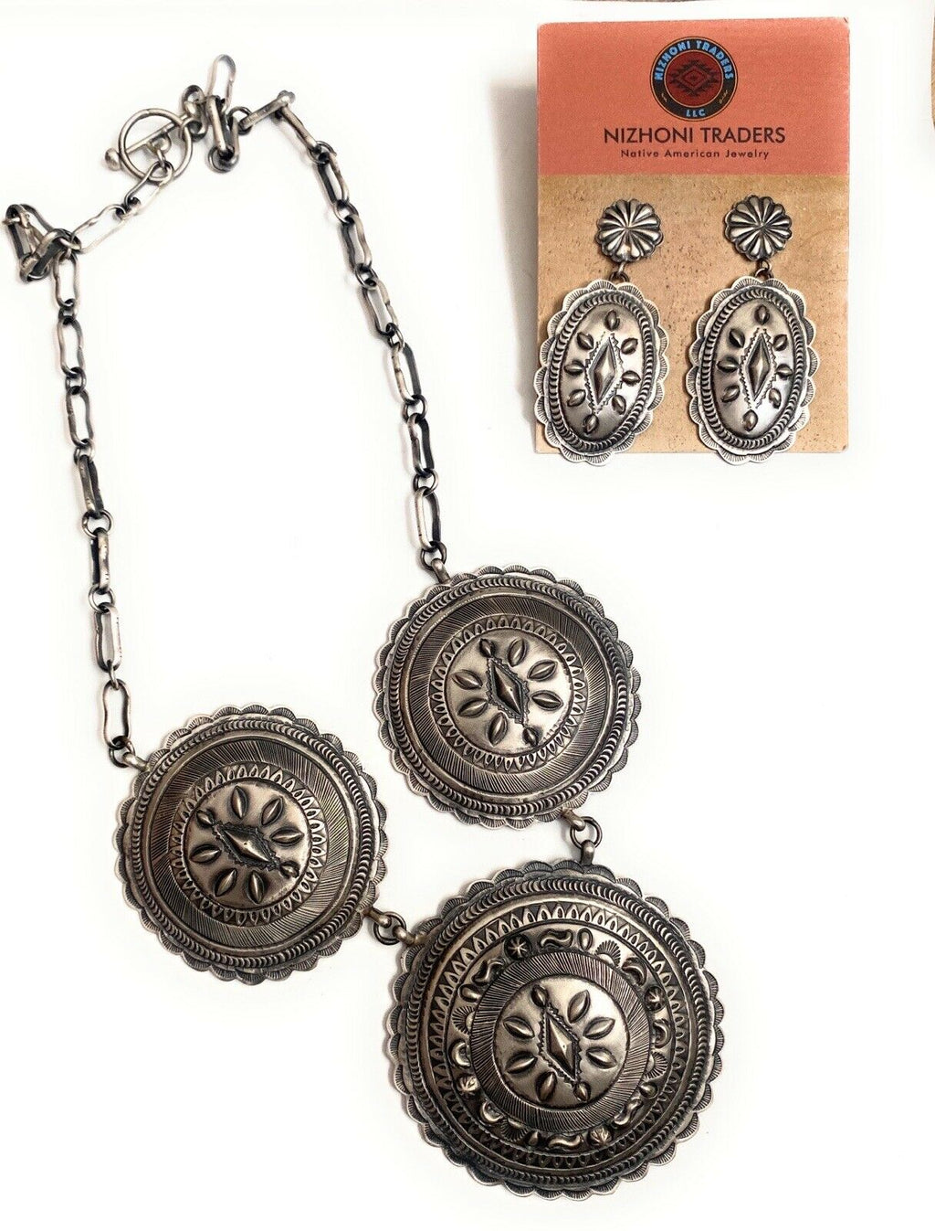 Handcrafted & Hand Stamped Sterling Silver Necklace & Earring Set By Eugene Charley