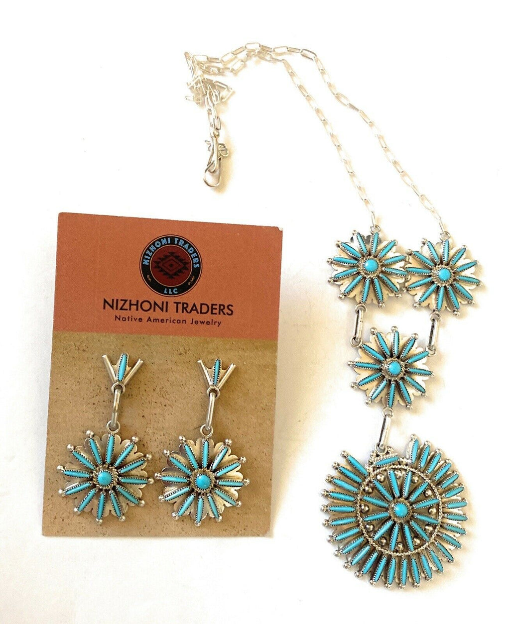 Handcrafted Sterling Silver & Turquoise Needlepoint  Necklace & Earring Set Signed
