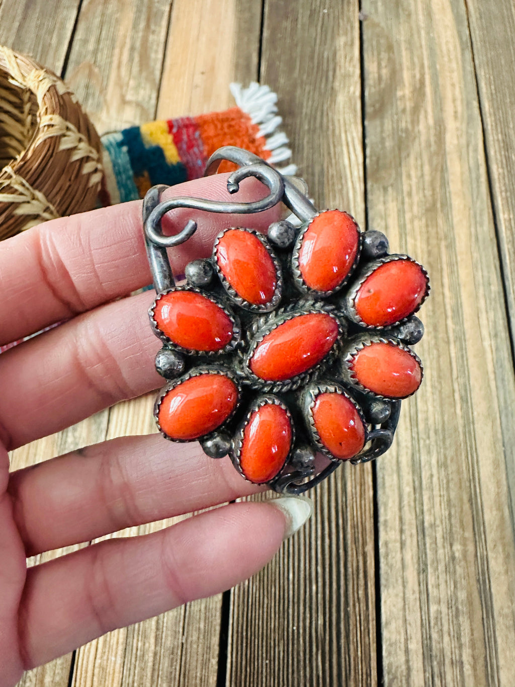 Handcrafted Old Pawn Sterling Silver & Coral Cluster Cuff Bracelet