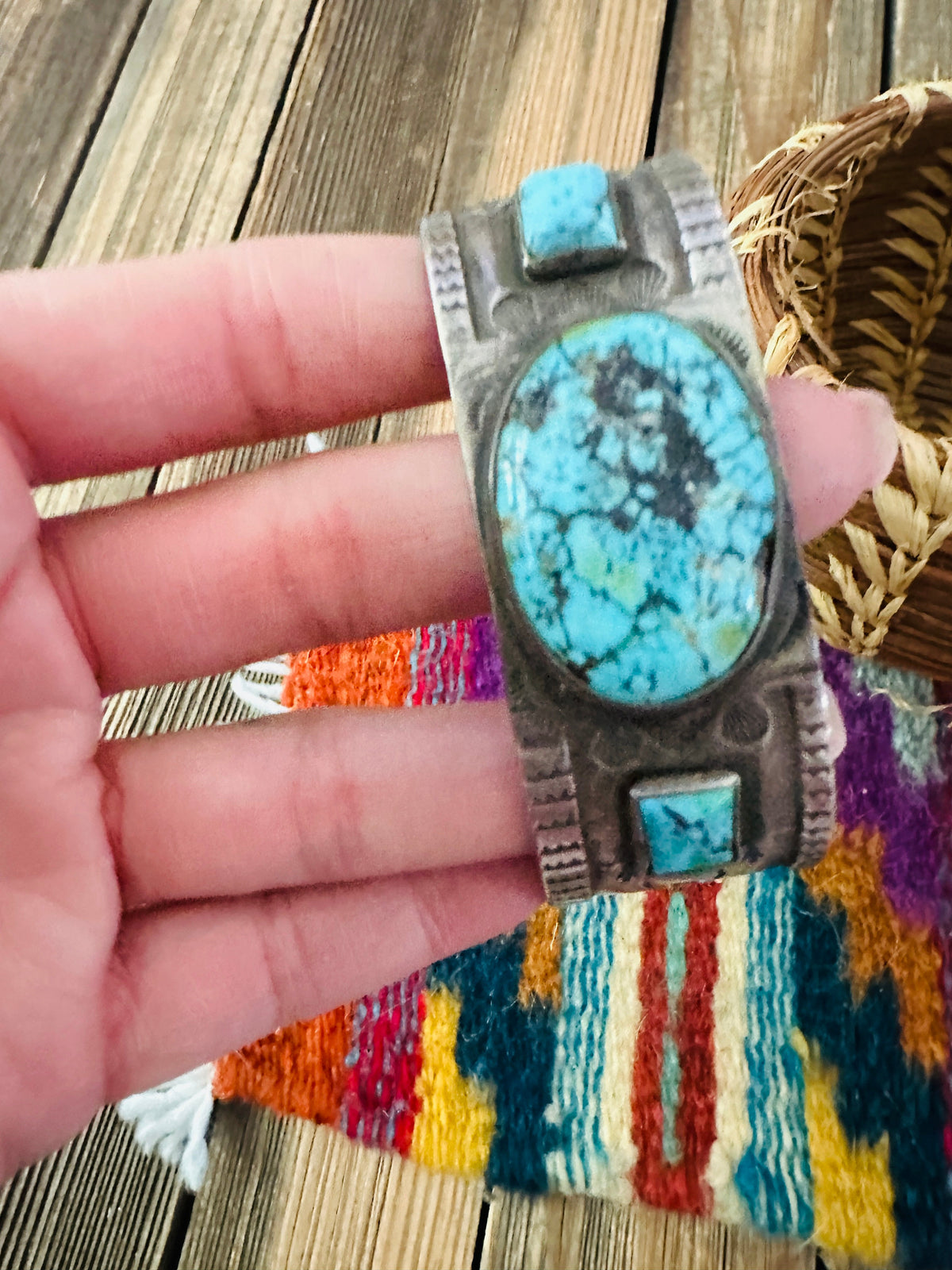 Handcrafted Old Pawn Sterling Silver & Turquoise Cuff Bracelet