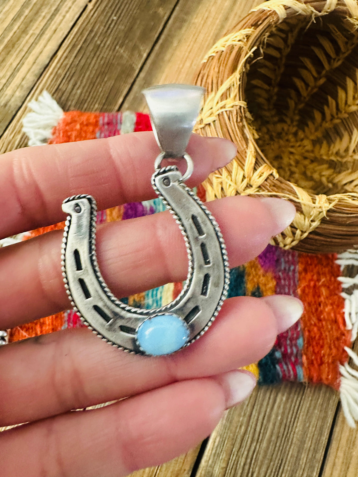 Handcrafted Sterling Silver and Golden Hills Turquoise Horseshoe Pendant