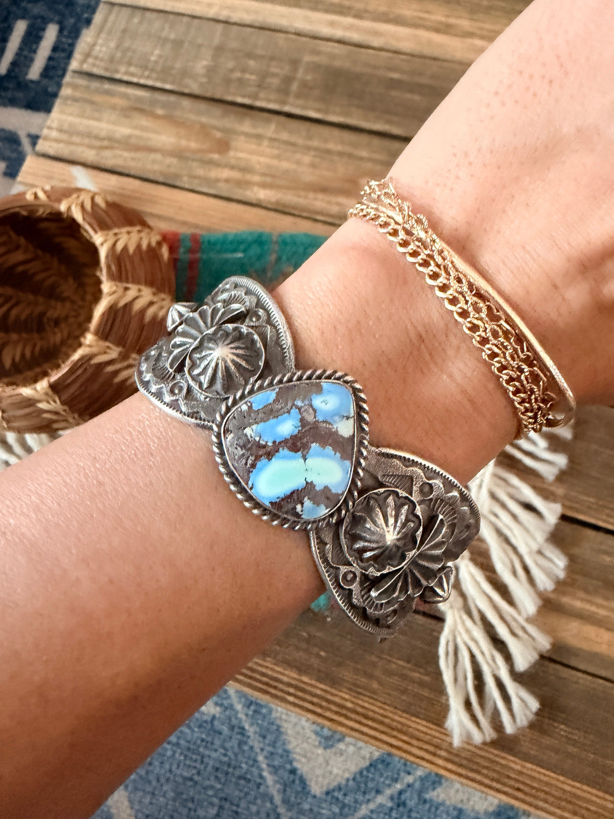 Handcrafted Golden Hills Turquoise & Sterling Silver Cuff Bracelet by Kevin Billah
