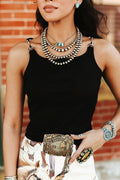 Black Ribbed Buckle Strap Tank Top